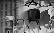 Modern chairs displayed at a furniture exhibition